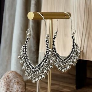 New Geometric Ethnic Antique Look Tassel Dangle Silver Tone Earrings